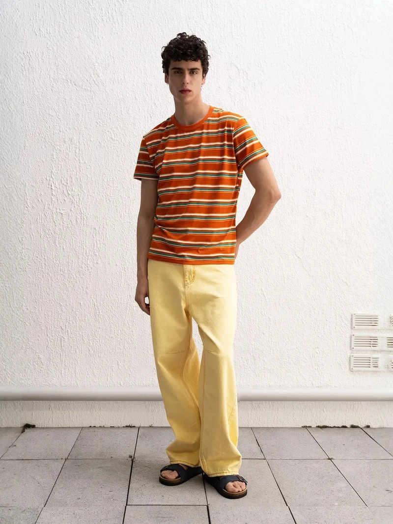 جيستو GIESTO Relaxed Fit Striped Short Sleeve Ribbed T-Shirt